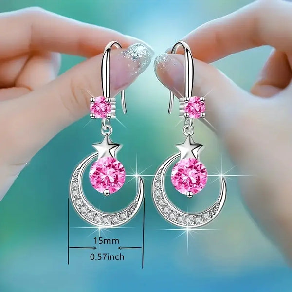 Shiny Moon & Star Theme Drop EEarrings With Inlaid Round Cut Shiny Zircon Pendant, Elegant Hook Earrings For Valentine's Day Gift