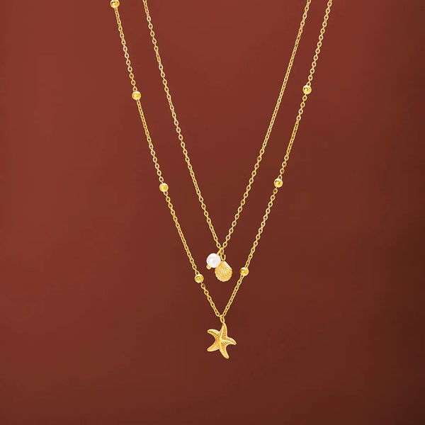 Star Fish & Sea Shell Pearl Gold Double Layer - Necklace