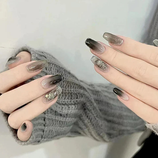 Silver Foiled Black& Grey - Press On Nail Set Of 24