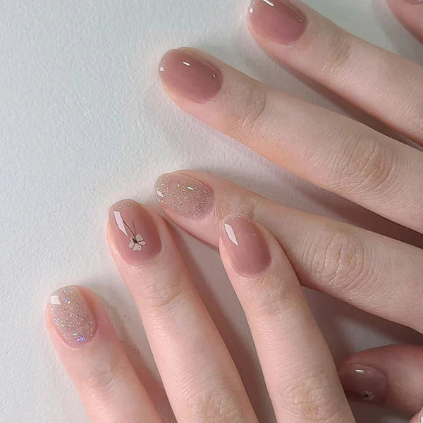 Glitter Pink & Flower - Press On Nail Set Of 24