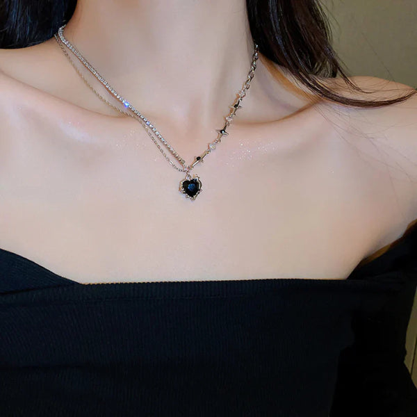 Black Heart Sparkle Chain Silver - Necklace