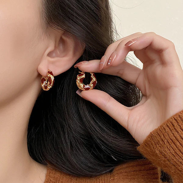 Maroon Geometric Gold Foil - Earring